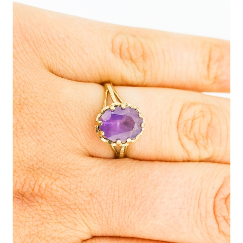8 - Amethyst Set Single Stone Ring Mounted in 9 Carat Yellow Gold Amethyst 10mm by 8mm Ring Size P