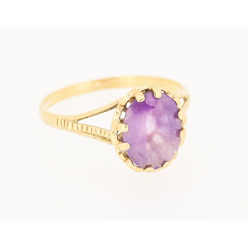 8 - Amethyst Set Single Stone Ring Mounted in 9 Carat Yellow Gold Amethyst 10mm by 8mm Ring Size P