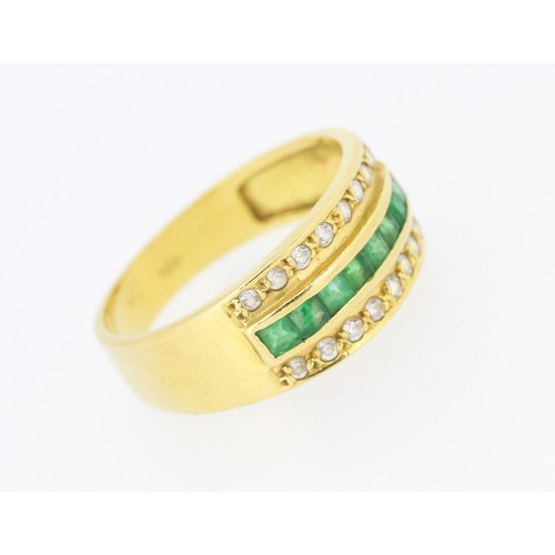 43 - Princess Cut Emerald and Artic Sapphire Set Three Row Ring Mounted in 18 Carat Yellow Gold Width 8mm... 