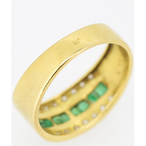 43 - Princess Cut Emerald and Artic Sapphire Set Three Row Ring Mounted in 18 Carat Yellow Gold Width 8mm... 