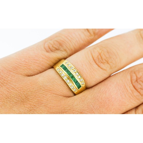 43 - Princess Cut Emerald and Artic Sapphire Set Three Row Ring Mounted in 18 Carat Yellow Gold Width 8mm... 