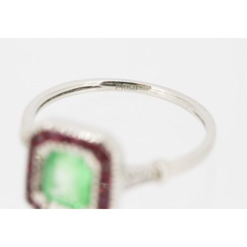 52 - Attractively Detailed Emerald Centre Stone Ring with Ruby Set Surround and Further Diamonds Set to S... 