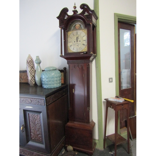 1 - Georgian Grandfather Clock Mahogany Case Embossed and Silver Brass Dial with Painted Moon Face Decor... 
