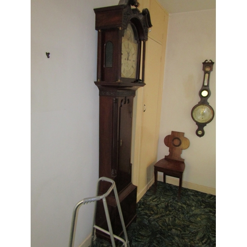 1 - Georgian Grandfather Clock Mahogany Case Embossed and Silver Brass Dial with Painted Moon Face Decor... 