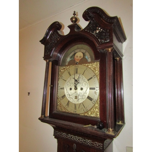 1 - Georgian Grandfather Clock Mahogany Case Embossed and Silver Brass Dial with Painted Moon Face Decor... 