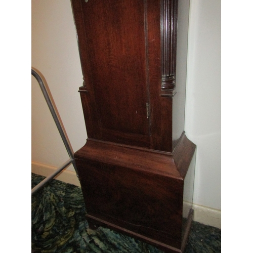 1 - Georgian Grandfather Clock Mahogany Case Embossed and Silver Brass Dial with Painted Moon Face Decor... 