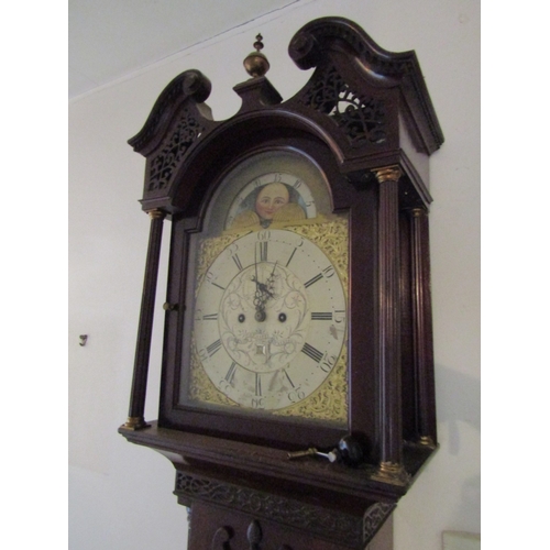 1 - Georgian Grandfather Clock Mahogany Case Embossed and Silver Brass Dial with Painted Moon Face Decor... 