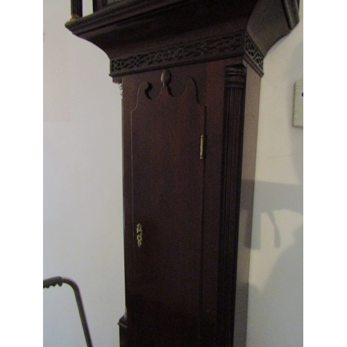 1 - Georgian Grandfather Clock Mahogany Case Embossed and Silver Brass Dial with Painted Moon Face Decor... 