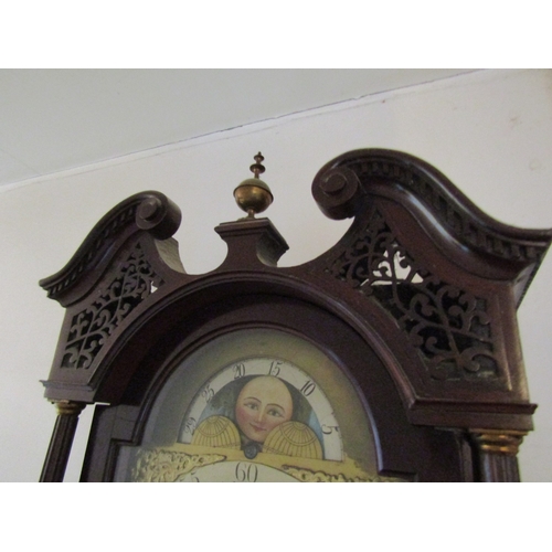 1 - Georgian Grandfather Clock Mahogany Case Embossed and Silver Brass Dial with Painted Moon Face Decor... 