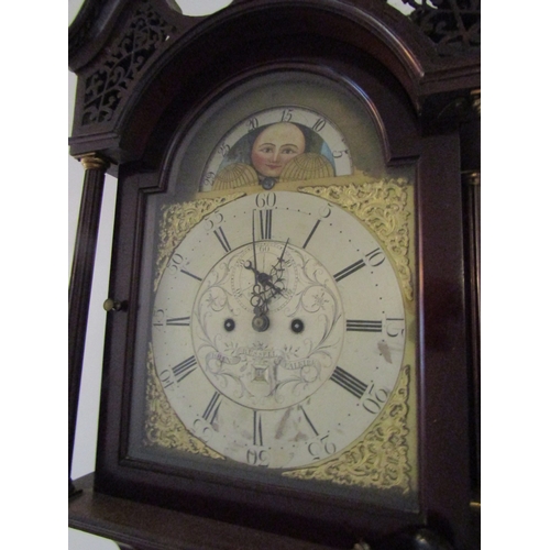 1 - Georgian Grandfather Clock Mahogany Case Embossed and Silver Brass Dial with Painted Moon Face Decor... 