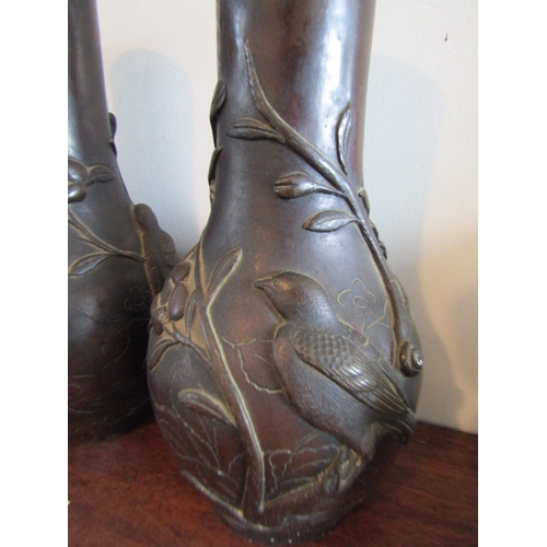 12 - Pair of Antique Japanese Meiji Period Era Bonze Vases Each Approximately 11 Inches High