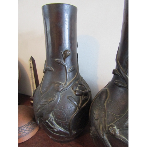 12 - Pair of Antique Japanese Meiji Period Era Bonze Vases Each Approximately 11 Inches High