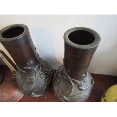 12 - Pair of Antique Japanese Meiji Period Era Bonze Vases Each Approximately 11 Inches High
