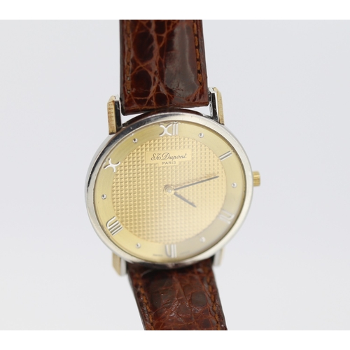S T Dupont Paris Gentleman's Swiss Made Wristwatch Gold Tone Dial  Roman Numerals Brown Leather Strap