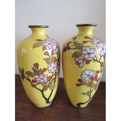 13 - Pair of Antique Oriental Cloisonne Vases with Floral Motifs on Yellow Ground Each Approximately 5 In... 