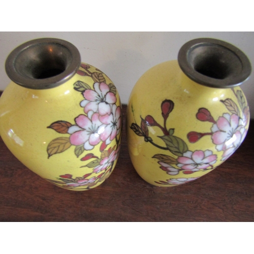 13 - Pair of Antique Oriental Cloisonne Vases with Floral Motifs on Yellow Ground Each Approximately 5 In... 