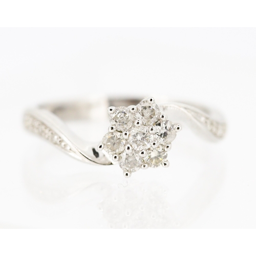 Diamond Set Ladies Daisy Motif Ring Set in 9 Carat White Gold Further Diamonds Set to Band Size J and a Half