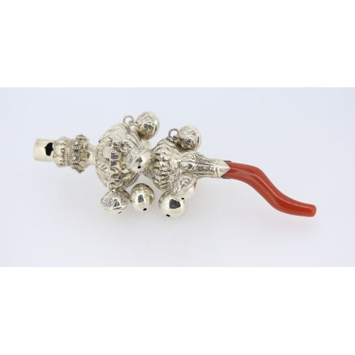 Silver Baby Rattler Whistle with Red Coral Teether 14cm Long Hallmarked George United, Birmingham