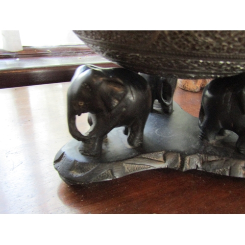 19 - Antique Silver Burmese Bowl on Carved Elephant Motif Stand Bowl Approximately 8 Inches Diameter