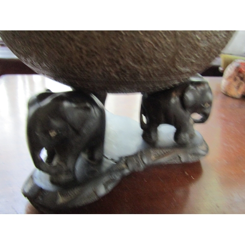 19 - Antique Silver Burmese Bowl on Carved Elephant Motif Stand Bowl Approximately 8 Inches Diameter