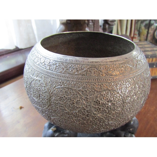 19 - Antique Silver Burmese Bowl on Carved Elephant Motif Stand Bowl Approximately 8 Inches Diameter