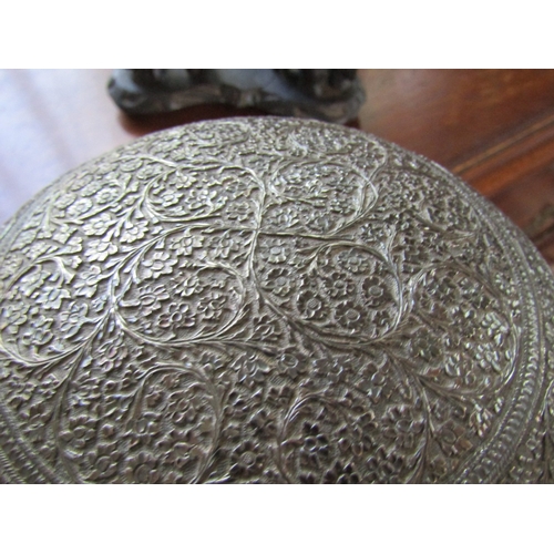 19 - Antique Silver Burmese Bowl on Carved Elephant Motif Stand Bowl Approximately 8 Inches Diameter