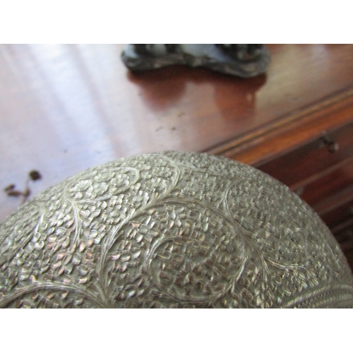 19 - Antique Silver Burmese Bowl on Carved Elephant Motif Stand Bowl Approximately 8 Inches Diameter