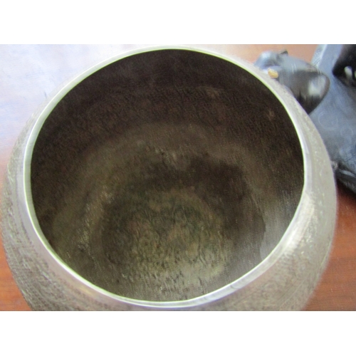 19 - Antique Silver Burmese Bowl on Carved Elephant Motif Stand Bowl Approximately 8 Inches Diameter