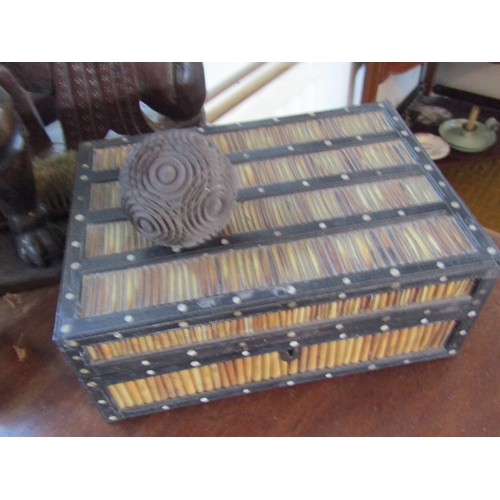 20 - Anglo Indian Quill Inset Box Hinged Cover Approximately 10 Inches Wide and Four Other Carved Pieces ... 