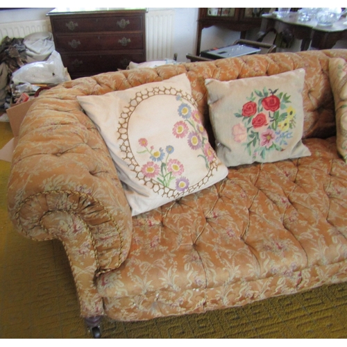 23 - Antique Chesterfield Settee Full Size Deep Button Upholstery Original Fabric Turned Mahogany Support... 