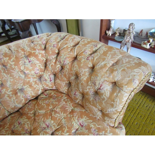 23 - Antique Chesterfield Settee Full Size Deep Button Upholstery Original Fabric Turned Mahogany Support... 