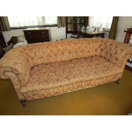 23 - Antique Chesterfield Settee Full Size Deep Button Upholstery Original Fabric Turned Mahogany Support... 