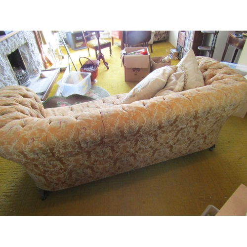 23 - Antique Chesterfield Settee Full Size Deep Button Upholstery Original Fabric Turned Mahogany Support... 