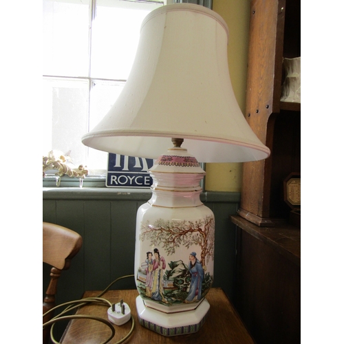 244 - Porcelain Table Lamp Decorated with Figural Scene Shade Present Electrified Working Order Approximat... 