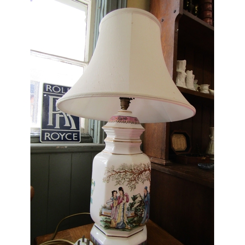 244 - Porcelain Table Lamp Decorated with Figural Scene Shade Present Electrified Working Order Approximat... 