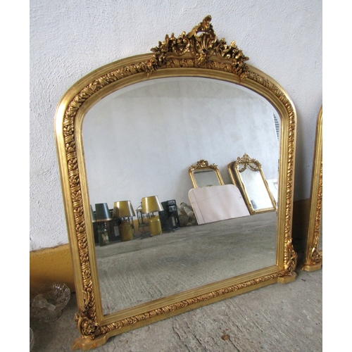 253 - Arch Top Gilded Over Mantel Mirror with Upper Cartouche Decoration Decorated Side Ends Approximately... 
