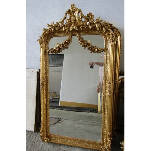 256 - Gilded Wall Mirror Upright Rectangular Form with Upper Cartouche Decoration Approximately 5ft 10 Inc... 