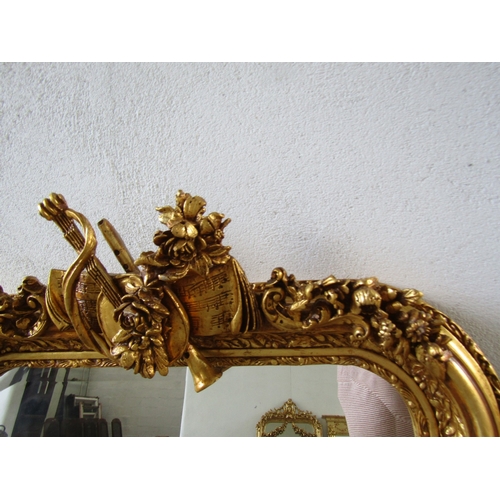 257 - Gilded Rectangular Form Wall Mirror with Upper Carved Decoration Approximately 6ft 2 Inches High x 2... 