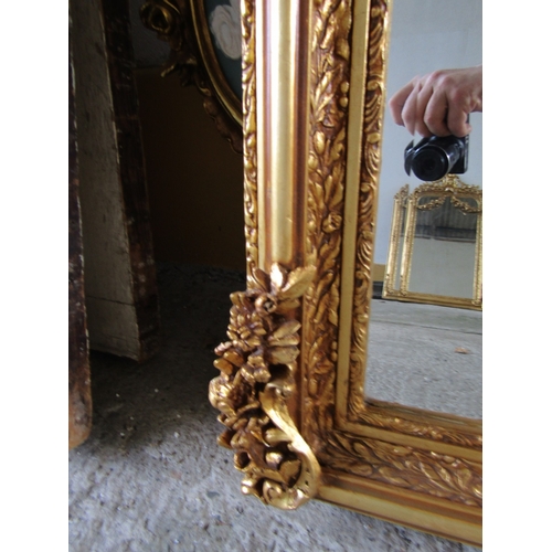 257 - Gilded Rectangular Form Wall Mirror with Upper Carved Decoration Approximately 6ft 2 Inches High x 2... 