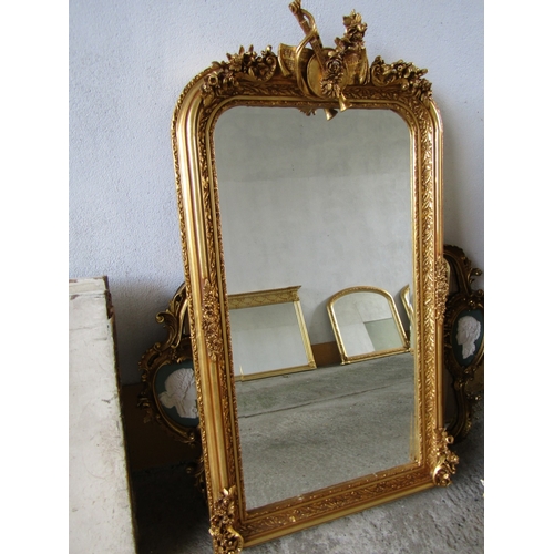257 - Gilded Rectangular Form Wall Mirror with Upper Carved Decoration Approximately 6ft 2 Inches High x 2... 