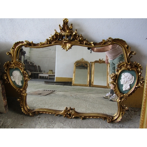 260 - Gilded Shaped Form Wall Mirror Upper Cartouche Decoration with Side Profiles Approximately 4ft 6 Inc... 