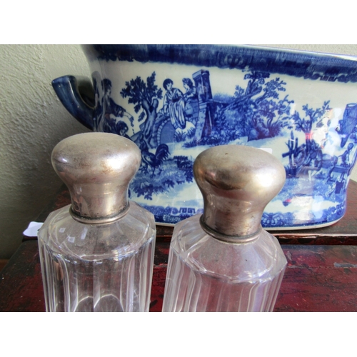 279 - Pair of Edwardian Silver Mounted Desk Jars Facet Cut Crystal each Approximately 6 Inches High