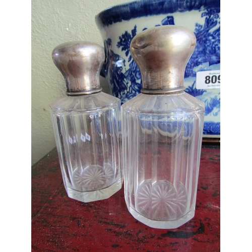 279 - Pair of Edwardian Silver Mounted Desk Jars Facet Cut Crystal each Approximately 6 Inches High