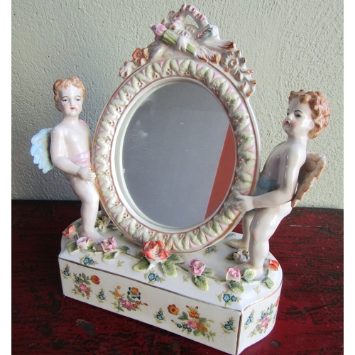283 - Continental Porcelain Dressing Table Mirror with Cherub Side Supports Approximately 14 Inches Wide x... 