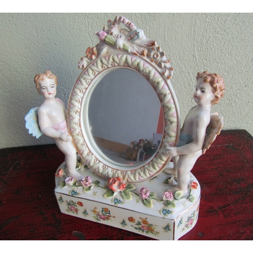 283 - Continental Porcelain Dressing Table Mirror with Cherub Side Supports Approximately 14 Inches Wide x... 