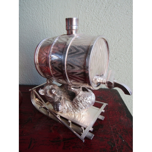 285 - Silver Plated Spirit Barrell with Bear Motif Support on Sled Attractively Detailed Approximately 9 I... 