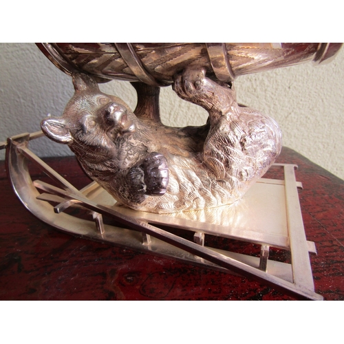 285 - Silver Plated Spirit Barrell with Bear Motif Support on Sled Attractively Detailed Approximately 9 I... 