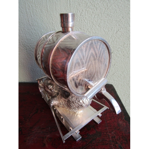 285 - Silver Plated Spirit Barrell with Bear Motif Support on Sled Attractively Detailed Approximately 9 I... 