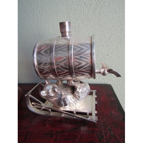 285 - Silver Plated Spirit Barrell with Bear Motif Support on Sled Attractively Detailed Approximately 9 I... 