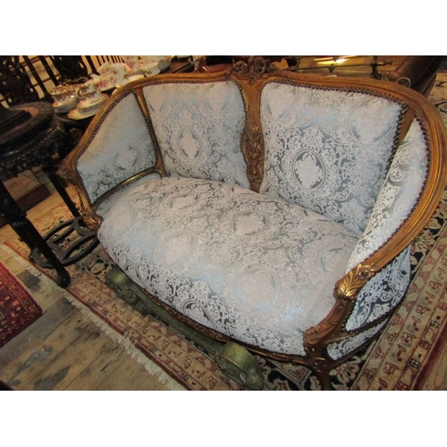 290 - Gilded Damask Upholstered Settee Tub Framed Cabriole Supports Approximately 5ft 5 Inches Wide